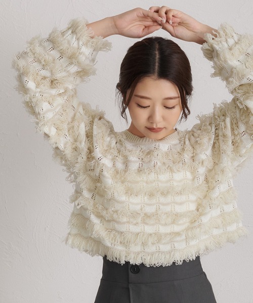 soie by apres jour mignon（ソワバイアプレジュールミニョン）の「【soie by apres jour mignon】透かし編みフリンジニット【ZOZOTOWN限定アイテム】（ニット/セーター・レディース・アイボリー/チャコールグレー・フリー）」の16枚目の写真