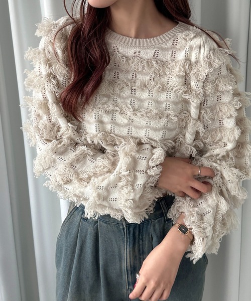 soie by apres jour mignon（ソワバイアプレジュールミニョン）の「【soie by apres jour mignon】透かし編みフリンジニット【ZOZOTOWN限定アイテム】（ニット/セーター・レディース・アイボリー/チャコールグレー・フリー）」の14枚目の写真
