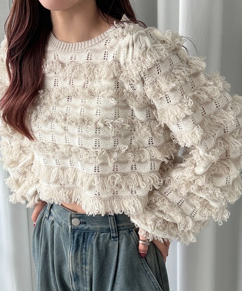 soie by apres jour mignon（ソワバイアプレジュールミニョン）の「【soie by apres jour mignon】透かし編みフリンジニット【ZOZOTOWN限定アイテム】（ニット/セーター・レディース・アイボリー/チャコールグレー・フリー）」の15枚目の写真
