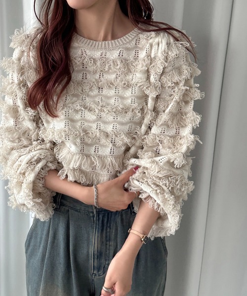 soie by apres jour mignon（ソワバイアプレジュールミニョン）の「【soie by apres jour mignon】透かし編みフリンジニット【ZOZOTOWN限定アイテム】（ニット/セーター・レディース・アイボリー/チャコールグレー・フリー）」の21枚目の写真