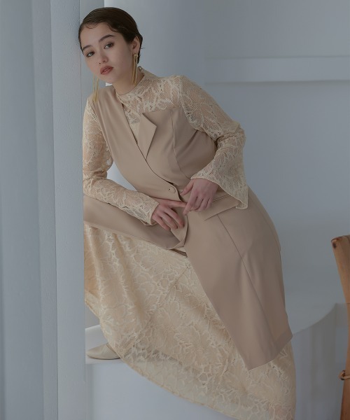 Callarus〕スタンドカラージャケットドッキングデザインレースロング丈