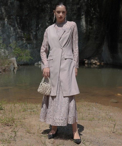 Callarus〕スタンドカラージャケットドッキングデザインレースロング丈