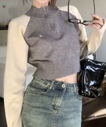 ラグラン配色ハーフジップクロップドニット
