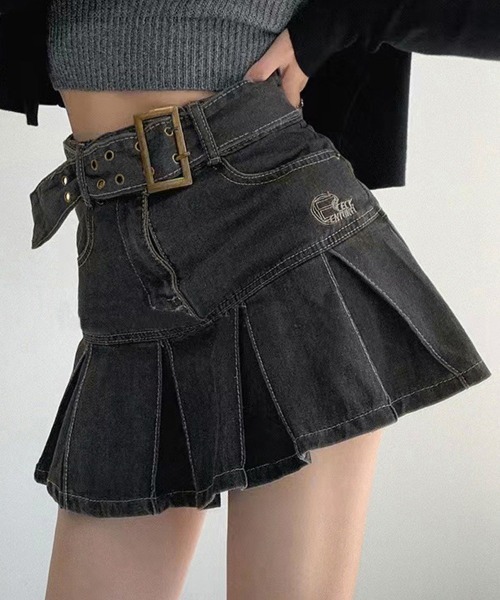 Miniministore（ミニミニストア）の「ミニデニムプリーツスカート ベルト付き（スカート・レディース・インディゴブルー/ブラック・L/XL/S/M）」の6枚目の写真