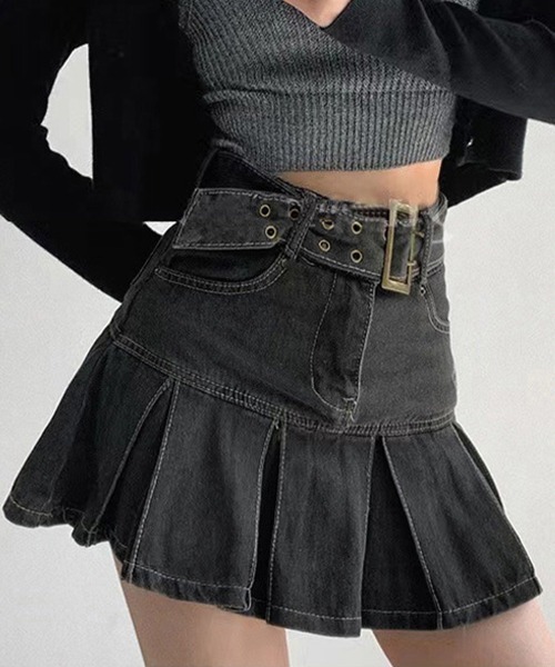 Miniministore（ミニミニストア）の「ミニデニムプリーツスカート ベルト付き（スカート・レディース・インディゴブルー/ブラック・L/XL/S/M）」の7枚目の写真