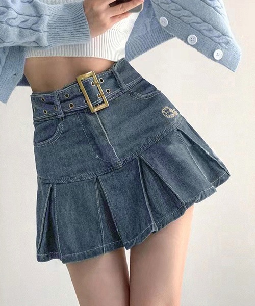 Miniministore（ミニミニストア）の「ミニデニムプリーツスカート ベルト付き（スカート・レディース・インディゴブルー/ブラック・L/XL/S/M）」の10枚目の写真