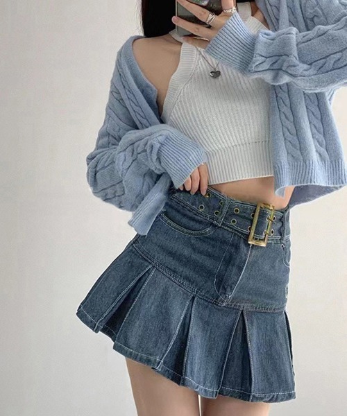 Miniministore（ミニミニストア）の「ミニデニムプリーツスカート ベルト付き（スカート・レディース・インディゴブルー/ブラック・L/XL/S/M）」の11枚目の写真