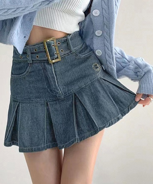 Miniministore（ミニミニストア）の「ミニデニムプリーツスカート ベルト付き（スカート・レディース・インディゴブルー/ブラック・L/XL/S/M）」の12枚目の写真