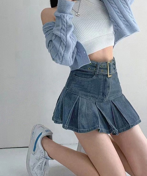 Miniministore（ミニミニストア）の「ミニデニムプリーツスカート ベルト付き（スカート・レディース・インディゴブルー/ブラック・L/XL/S/M）」の14枚目の写真