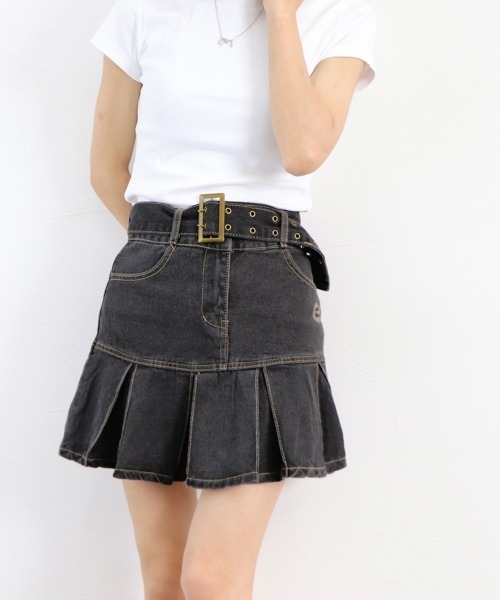 Miniministore（ミニミニストア）の「ミニデニムプリーツスカート ベルト付き（スカート・レディース・インディゴブルー/ブラック・L/XL/S/M）」の15枚目の写真