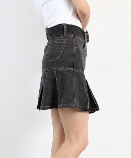 Miniministore（ミニミニストア）の「ミニデニムプリーツスカート ベルト付き（スカート・レディース・インディゴブルー/ブラック・L/XL/S/M）」の16枚目の写真