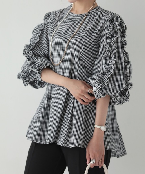 SUSAN FANG シースルー フリル クロップドシャツ S ブラック