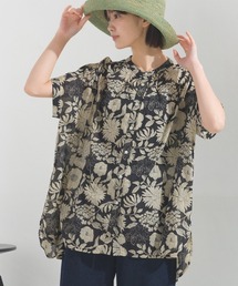 コットンボイル総柄ワイドシルエットギャザー半袖シャツ