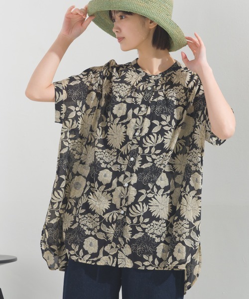 コットンボイル総柄ワイドシルエットギャザー半袖シャツ（シャツ