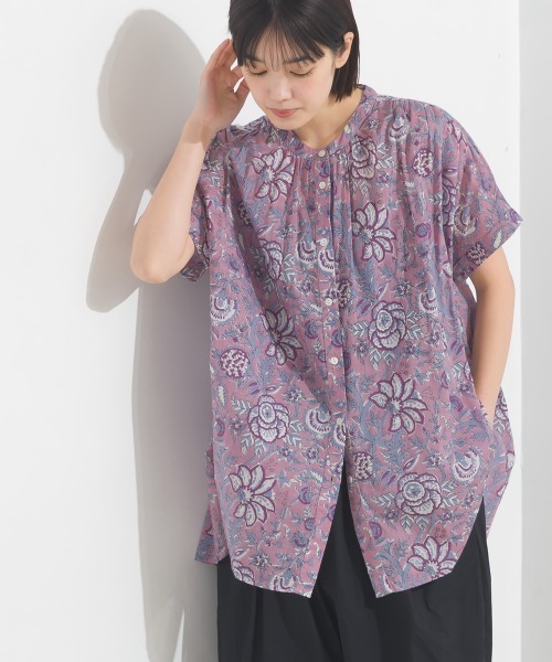 コットンボイル総柄ワイドシルエットギャザー半袖シャツ（シャツ