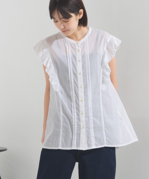 OMNES（オムネス）の「コットンボイルフリルノースリーブシャツ（シャツ/ブラウス・レディース・ホワイト/ブラック/グリーン/ブラウン/ブルー・FREE）」の2枚目の写真