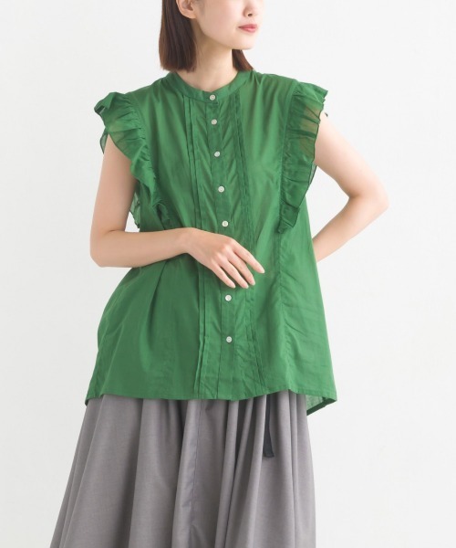OMNES（オムネス）の「コットンボイルフリルノースリーブシャツ（シャツ/ブラウス・レディース・ホワイト/ブラック/グリーン/ブラウン/ブルー・FREE）」の4枚目の写真