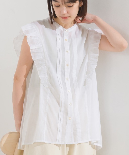 OMNES（オムネス）の「コットンボイルフリルノースリーブシャツ（シャツ/ブラウス・レディース・ホワイト/ブラック/グリーン/ブラウン/ブルー・FREE）」の8枚目の写真