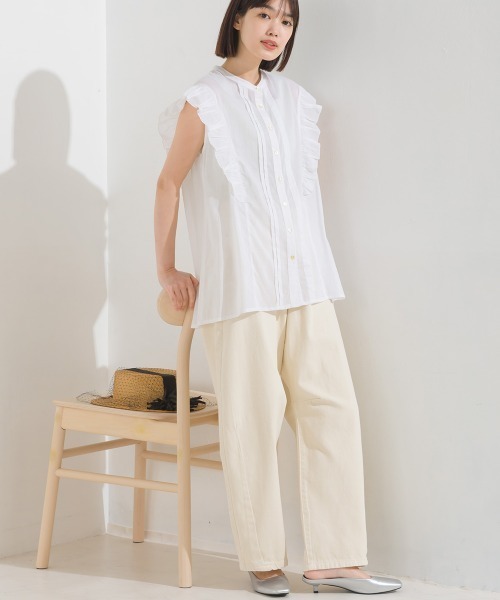 OMNES（オムネス）の「コットンボイルフリルノースリーブシャツ（シャツ/ブラウス・レディース・ホワイト/ブラック/グリーン/ブラウン/ブルー・FREE）」の9枚目の写真