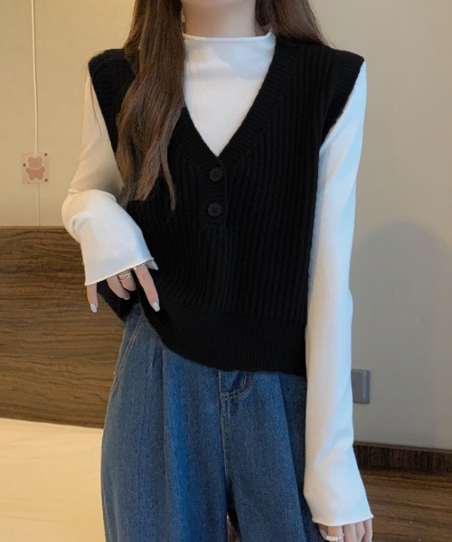 Miniministore(ミニミニストア)の「Vネックニットベスト コンパクトベスト(ベスト・レディース・ブラック/ライトブラウン/イエロー/アイボリー/ベージュ/ダークグレー・FREE)」の18枚目の写真