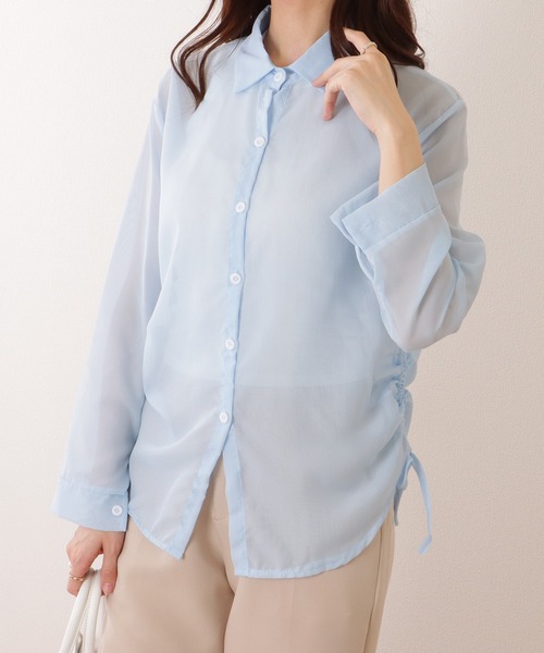 セール】ドローストリング付き 長袖 シフォン 前開き ブラウス