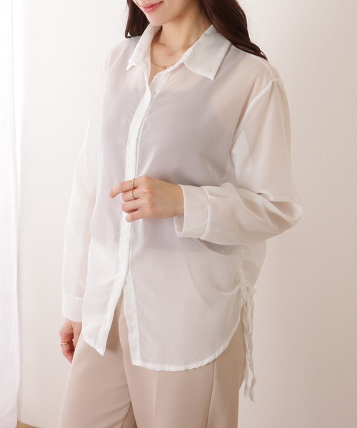 ドローストリング付き 長袖 シフォン 前開き ブラウス（シャツ