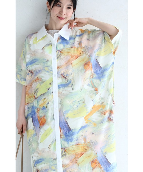 cawaii(カワイイ)の「左右で魅せるアシンメトリーデザインの水彩画アートシャツワンピース(シャツワンピース・レディース・ホワイト・FREE)」の9枚目の写真