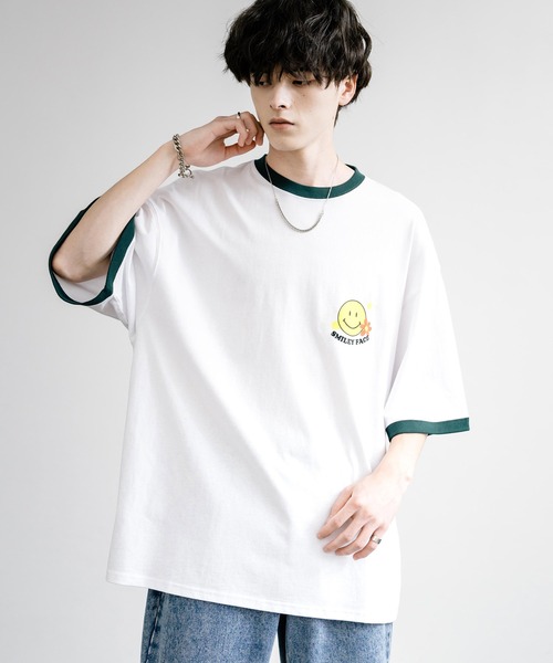 Rocky Monroe（ロッキーモンロー）の「SMILEY FACE スマイリーフェイス ワンポイントビッグシルエット半袖Ｔシャツ（Tシャツ/カットソー・メンズ・チャコール/ネイビー/イエロー/ホワイト×グレー/オフホワイト/ダークグリーン/ネイビー系/ホワイト×ブルー/ホワイト×グリーン/ホワイト×レッド/ブラック/ホワイト系・M/L）」の19枚目の写真