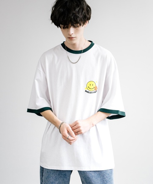 Rocky Monroe（ロッキーモンロー）の「SMILEY FACE スマイリーフェイス ワンポイントビッグシルエット半袖Ｔシャツ（Tシャツ/カットソー・メンズ・チャコール/ネイビー/イエロー/ホワイト×グレー/オフホワイト/ダークグリーン/ネイビー系/ホワイト×ブルー/ホワイト×グリーン/ホワイト×レッド/ブラック/ホワイト系・M/L）」の20枚目の写真