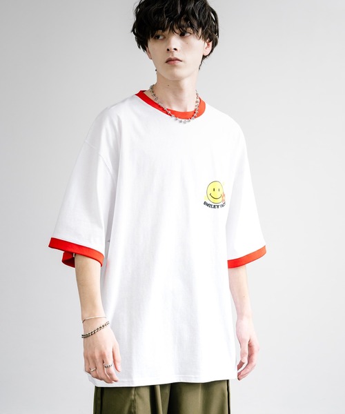 Rocky Monroe（ロッキーモンロー）の「SMILEY FACE スマイリーフェイス ワンポイントビッグシルエット半袖Ｔシャツ（Tシャツ/カットソー・メンズ・チャコール/ネイビー/イエロー/ホワイト×グレー/オフホワイト/ダークグリーン/ネイビー系/ホワイト×ブルー/ホワイト×グリーン/ホワイト×レッド/ブラック/ホワイト系・M/L）」の17枚目の写真
