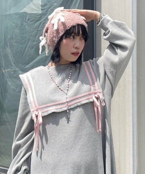 Candy Stripper（キャンディストリッパー）の「FLUFFY RIBBON ビーニー（ニットキャップ/ビーニー・レディース・ピンク/アイボリー/ブラック・FREE）」の12枚目の写真