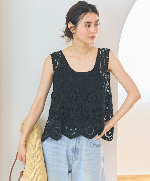 coca（coca）（コカ）の「クロシェ編みフラワービスチェ（タンクトップ・レディース・ブラック/アイボリー・ONE SIZE）」の14枚目の写真