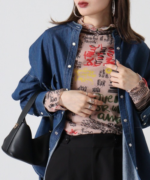 tシャツ BRODIAEA メッシュトップス　リバーシブル　転写×無地 レディース セール】BRODIAEA メッシュトップス リバーシブル 転写×無地（T