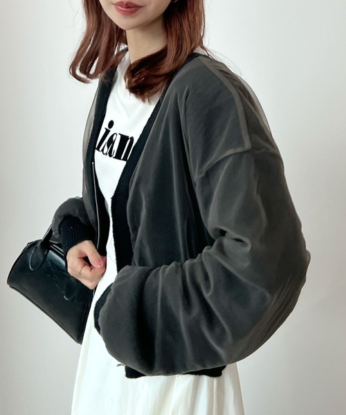 Futier land(フューティアランド)の「片畦編み2wayチュール重ねZIPカーディガン(カーディガン/ボレロ・レディース・アイボリー/ブラック/杢グレー・FREE)」の10枚目の写真