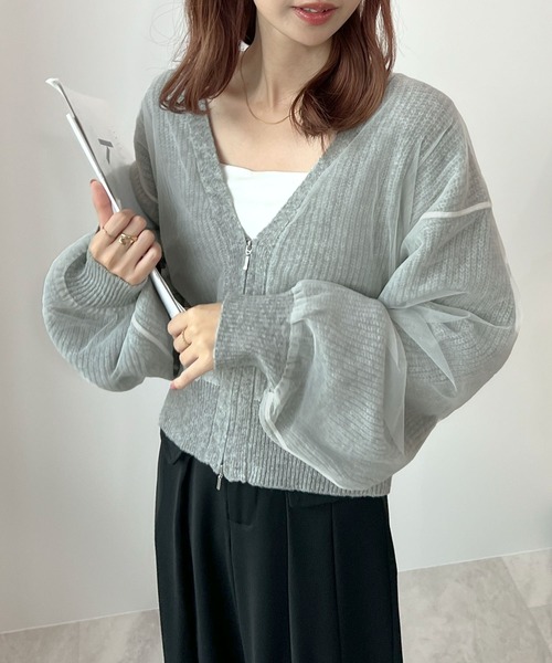 Futier land(フューティアランド)の「片畦編み2wayチュール重ねZIPカーディガン(カーディガン/ボレロ・レディース・アイボリー/ブラック/杢グレー・FREE)」の14枚目の写真