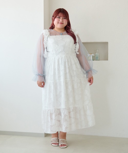 Louiosy（ルオシー）の「【大きいサイズ】フラワージャガードフリルリボンティアードキャミワンピ（ワンピース・レディース・ピンク/オフホワイト・4L/3L）」の9枚目の写真
