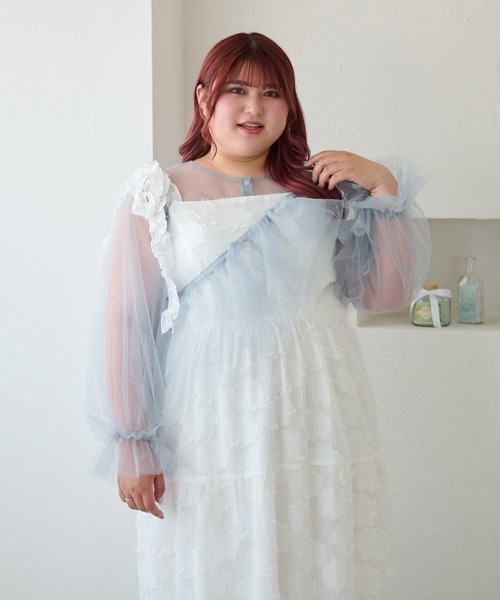 Louiosy（ルオシー）の「【大きいサイズ】フラワージャガードフリルリボンティアードキャミワンピ（ワンピース・レディース・ピンク/オフホワイト・4L/3L）」の11枚目の写真