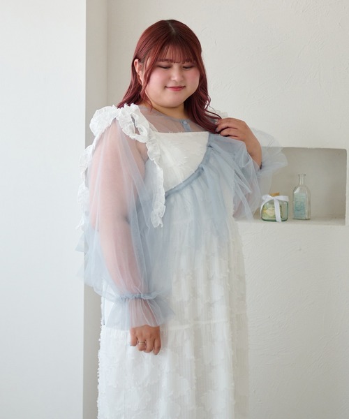 Louiosy（ルオシー）の「【大きいサイズ】フラワージャガードフリルリボンティアードキャミワンピ（ワンピース・レディース・ピンク/オフホワイト・4L/3L）」の12枚目の写真