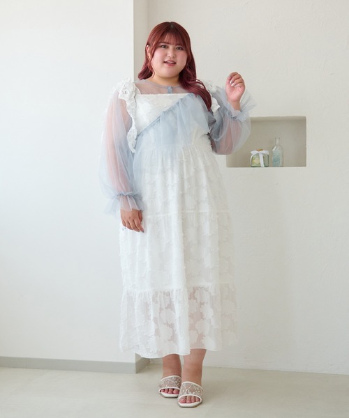 Louiosy（ルオシー）の「【大きいサイズ】フラワージャガードフリルリボンティアードキャミワンピ（ワンピース・レディース・ピンク/オフホワイト・4L/3L）」の13枚目の写真