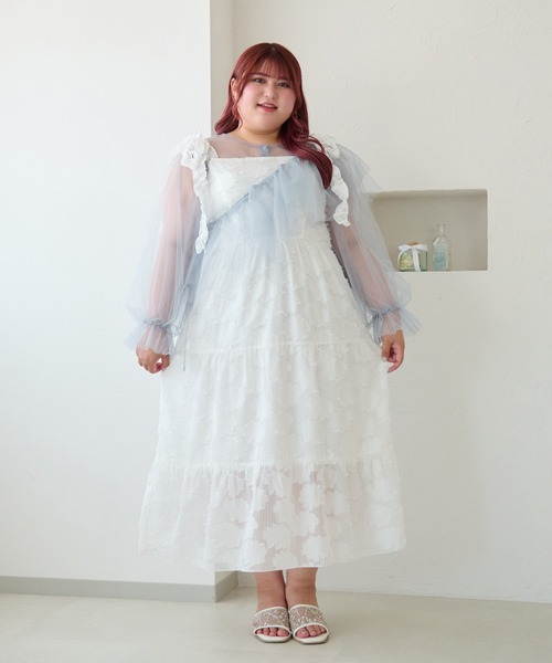 Louiosy（ルオシー）の「【大きいサイズ】フラワージャガードフリルリボンティアードキャミワンピ（ワンピース・レディース・ピンク/オフホワイト・4L/3L）」の14枚目の写真