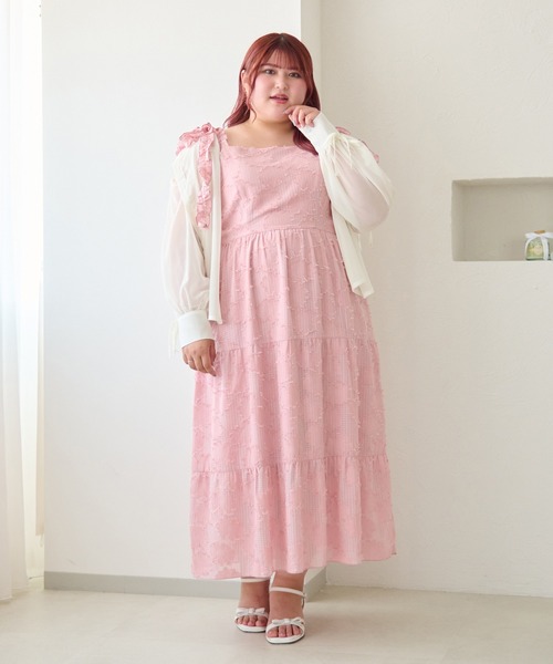 Louiosy（ルオシー）の「【大きいサイズ】フラワージャガードフリルリボンティアードキャミワンピ（ワンピース・レディース・ピンク/オフホワイト・4L/3L）」の15枚目の写真