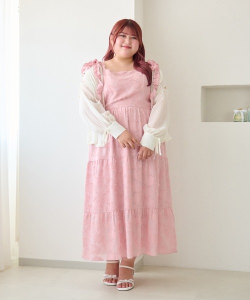 Louiosy（ルオシー）の「【大きいサイズ】フラワージャガードフリルリボンティアードキャミワンピ（ワンピース・レディース・ピンク/オフホワイト・4L/3L）」の16枚目の写真
