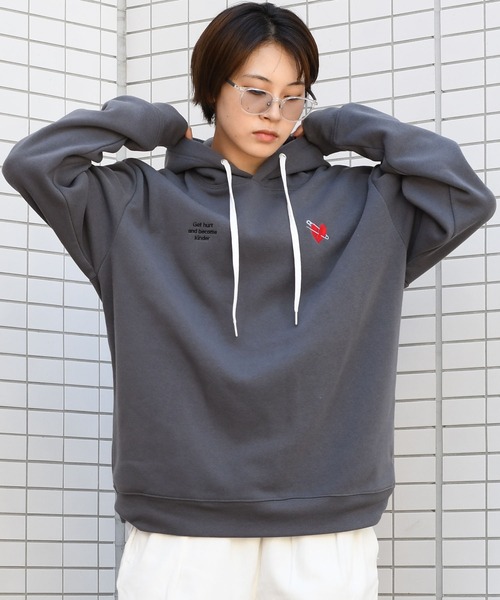 セール】message embroidery sweat hoodie/メッセージ刺繍