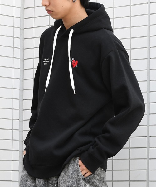 セール】message embroidery sweat hoodie/メッセージ刺繍