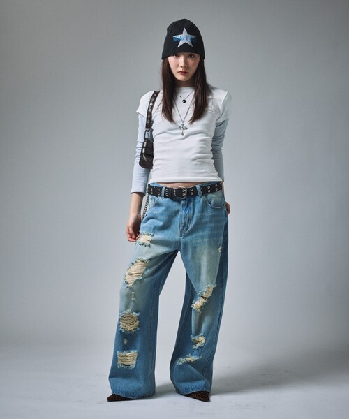 FREAK'S STORE（フリークスストア）の「限定展開 MR HEARTS/ミスターハーツ VINTAGE WASH DAMAGE WIDE DENIM（その他パンツ・メンズ・ブラック/ブルー・SMALL/MEDIUM/LARGE）」の22枚目の写真