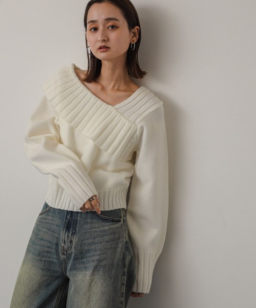 SENSE OF PLACE by URBAN RESEARCH（センスオブプレイスバイアーバンリサーチ）の「アシンンメトリーオフショルリブニット（ニット/セーター・レディース・ブラック/アイボリー/グレー・ONE）」の4枚目の写真