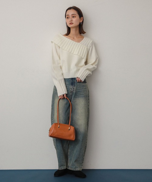 SENSE OF PLACE by URBAN RESEARCH（センスオブプレイスバイアーバンリサーチ）の「アシンンメトリーオフショルリブニット（ニット/セーター・レディース・ブラック/アイボリー/グレー・ONE）」の5枚目の写真