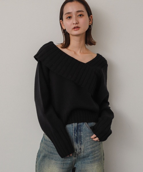 SENSE OF PLACE by URBAN RESEARCH（センスオブプレイスバイアーバンリサーチ）の「アシンンメトリーオフショルリブニット（ニット/セーター・レディース・ブラック/アイボリー/グレー・ONE）」の7枚目の写真