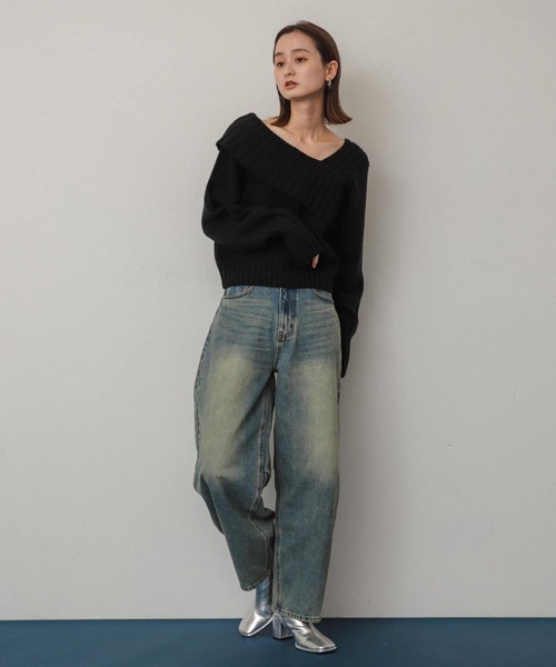SENSE OF PLACE by URBAN RESEARCH（センスオブプレイスバイアーバンリサーチ）の「アシンンメトリーオフショルリブニット（ニット/セーター・レディース・ブラック/アイボリー/グレー・ONE）」の9枚目の写真