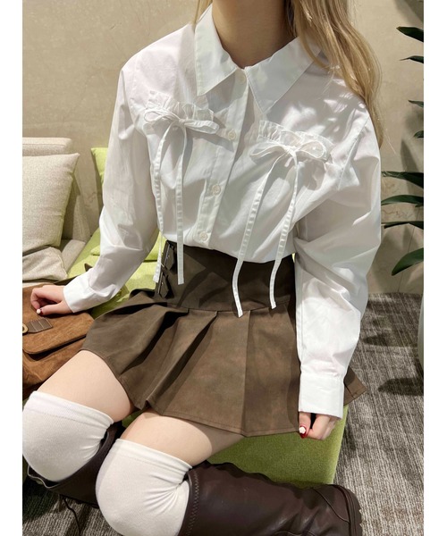 PHILLY（フィリー）の「【PHILLY】フリルリボンブラウス（シャツ/ブラウス・レディース・チャコールグレー/ピンク/ホワイト・FREE）」の2枚目の写真